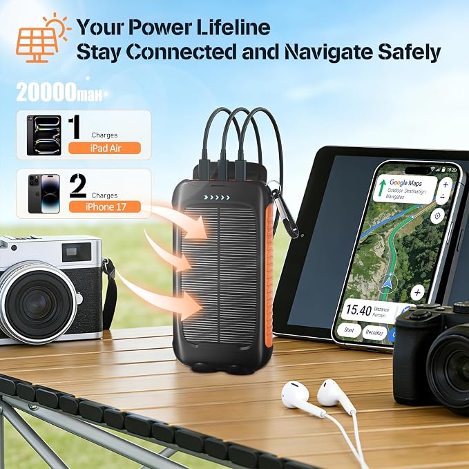 Solar Power Bank 20000mAh, 15W USB-C Fast Charge, Outdoor Travel & Camping