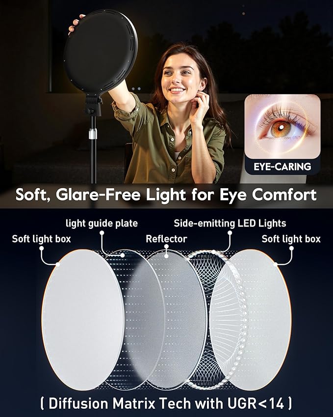 1300 Lumens Ring Light with Stand for Desk, Computer & Laptop – Podcast & Streaming Light with Flexible Phone Holder, CRI 98+ Bright Yet Soft Influencer Light for Video Recording, Conference & Calls
