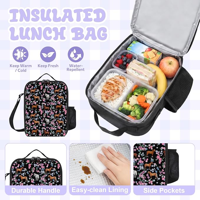 3PCS Horse Backpacks for Girls Boys Teens, School Backpack with Lunch Box Pencil Case for Elementary Middle High Students, 17 Inch Lightweight Bookpack 3 in 1 Set Back to Shool Supplies for Kids