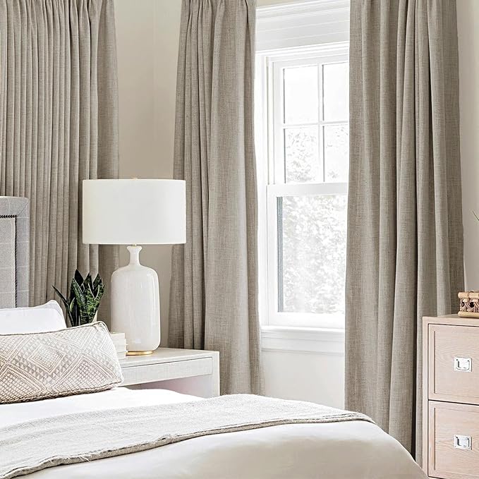 MIULEE 100% Blackout Linen Textured Curtains for Bedroom Solid Thermal Insulated Pebble Taupe Grommet Room Darkening Curtains & Drapes Luxury Decor for Living Room 52 x 63 Inch (2 Panels)