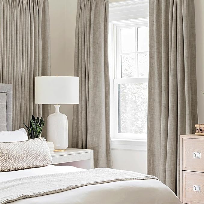 MIULEE 100% Blackout Linen Textured Curtains for Bedroom Solid Thermal Insulated Pebble Taupe Grommet Room Darkening Curtains & Drapes Luxury Decor for Living Room 52 x 108 Inch (2 Panels)