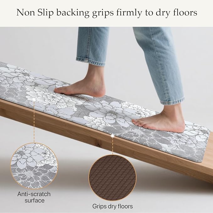 GENIMO Anti Fatigue Kitchen Mats for Floor 2PCS, Cushioned Standing Mats | 17.3"x47"&17.3"x30", Lavender Grey vintage floral rug set, waterproof, non slip, easy-clean for farmhouse