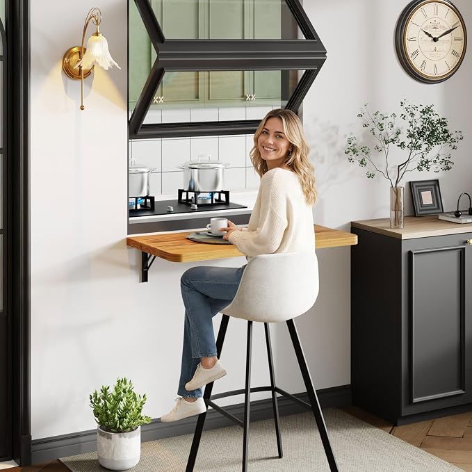 Dogsky Floating Wall Desk, 24" x 14" Wall Mounted Folding Table, Pine Wood Fold Down Wall Table, 100 lb Capacity Wall Mount Desk for Small Apartment, Laundry Room,Kitchen,Bar & Computer,Burning Yellow