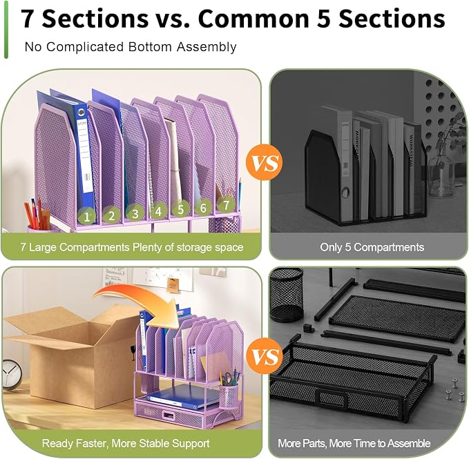 FANXIYQ Metal Desk Organizer with Sliding Drawer, 7-Section File Organizer for Desk, Desktop File Folder & Paper Organizer with 2 Hanging Pen Holders, Office Supplies Organizer, Purple