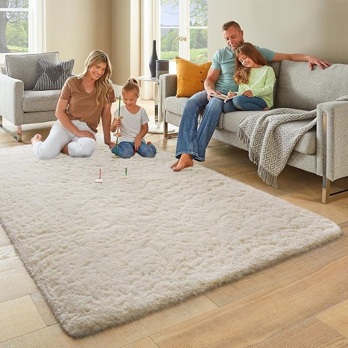 Ophanie 7x10 Area Rugs for Living Room,Upgrade Non-Slip Fluffy Soft Large Shag Bedroom Carpet,Ivory Big Indoor Thick Nursery Rug,Carpets for Boy and Girls Room Dorm Decor with Over 99 pcs Pile fibers