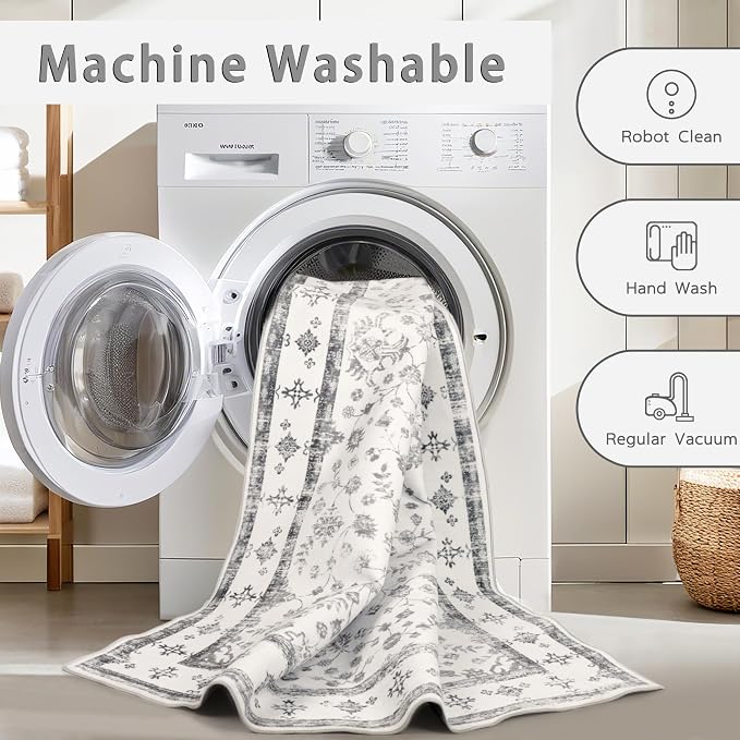 Srugn Washable Rugs 8x10 Area Rugs for Living Room,Rugs for Bedroom,Large Carpets,Ultra Soft Faux Wool Retro Dining Room Rug,Non Slip&Non-Shedding Low Pile Vintage Print Rug for Home Office-Grey