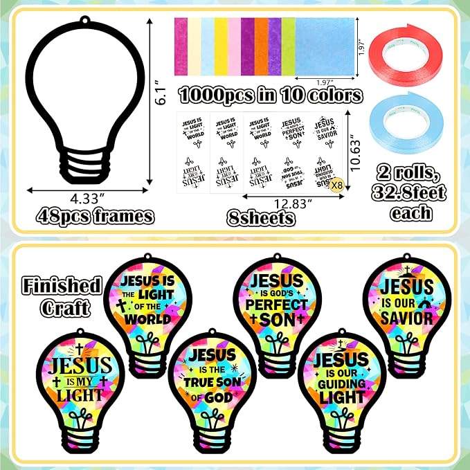 48PCS Sunday School VBS Crafts Bulk: Paper Lightbulb Cross Nativity Suncatchers, Religious Christian Activity DIY Kits Church Decorations, Window Stained Glass Effect Art Supplies(Jesus Style)