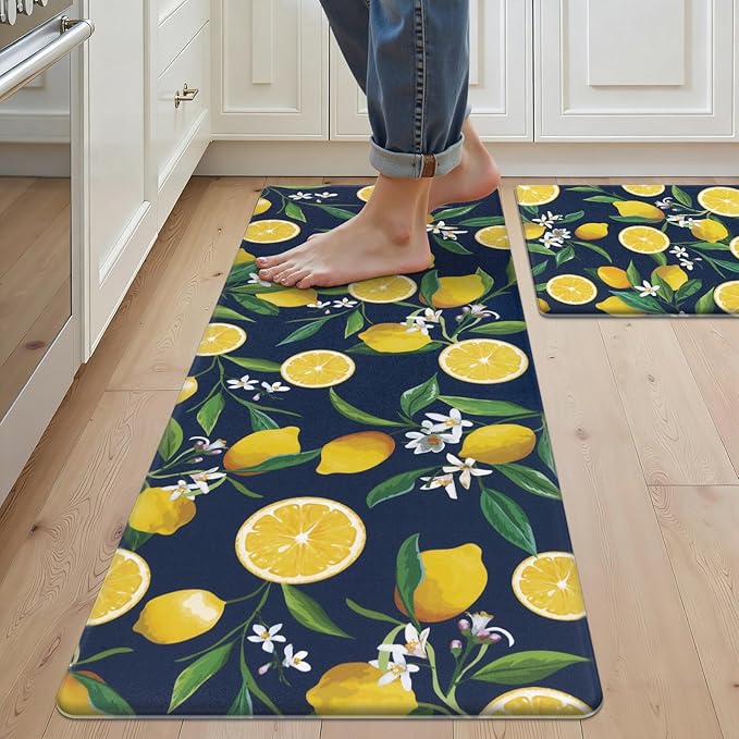SHACOS Anti Fatigue Lemon Kitchen Rugs Mats Set of 2 Pieces Non Slip Soft Cushioned Standing Desk Mats Wipeable Waterproof Floor Mat for Kitchen Laundry, 17"x27.5"+17"x47", Dark Blue