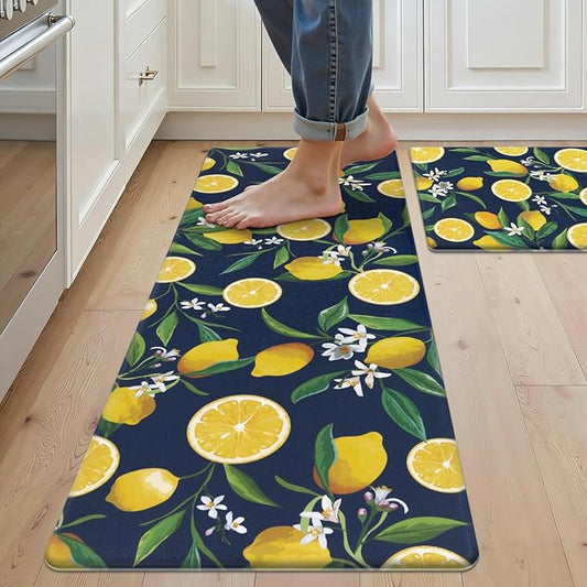 SHACOS Anti Fatigue Lemon Kitchen Rugs Mats Set of 2 Pieces Non Slip Soft Cushioned Standing Desk Mats Wipeable Waterproof Floor Mat for Kitchen Laundry, 17"x27.5"+17"x47", Dark Blue