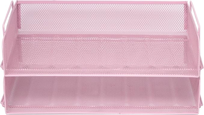 2 Pack Stackable Desk Paper Tray, Metal Mesh Desktop Document Letter File Organizer for Office Home School, 13.5'' L x 9.75'' W x 5.5'' H, Pink