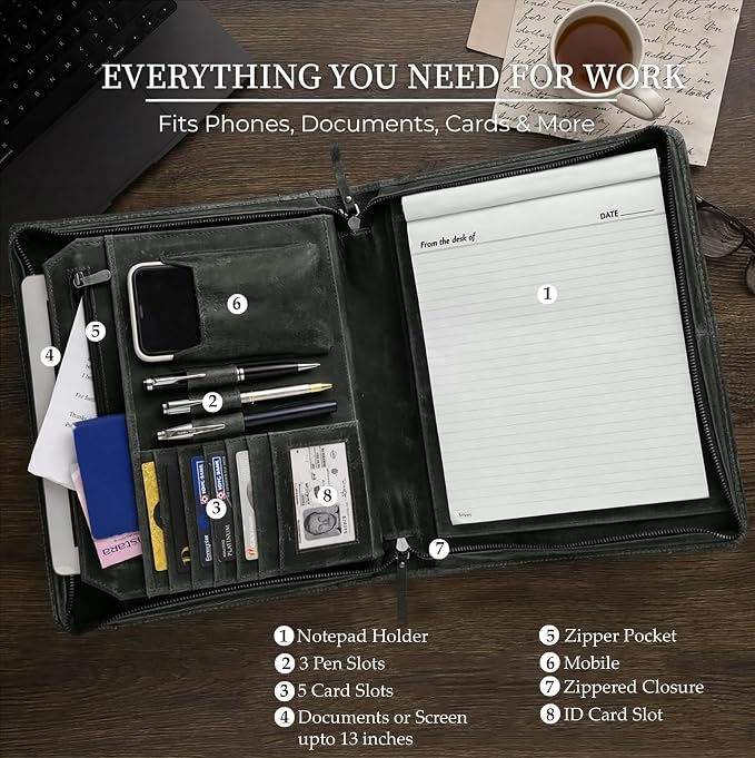 Leather Portfolio for Men - Full Grain Leather Padfolio Folder - Zipper Folio Documents Organizer - Professional Business Executive Gift for Men Women