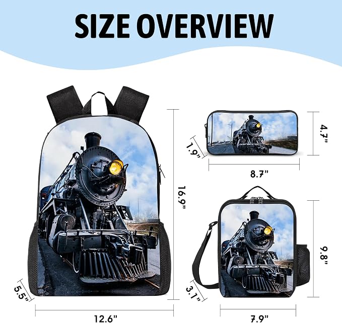3PCS Train Print Backpack for Boys Girls Teens, School Backpack with Lunch Box Pencil Case for Elementary Middle High Students, 17 Inch Lightweight Bookpack 3 in 1 Set Back to Shool Gifts for Kids