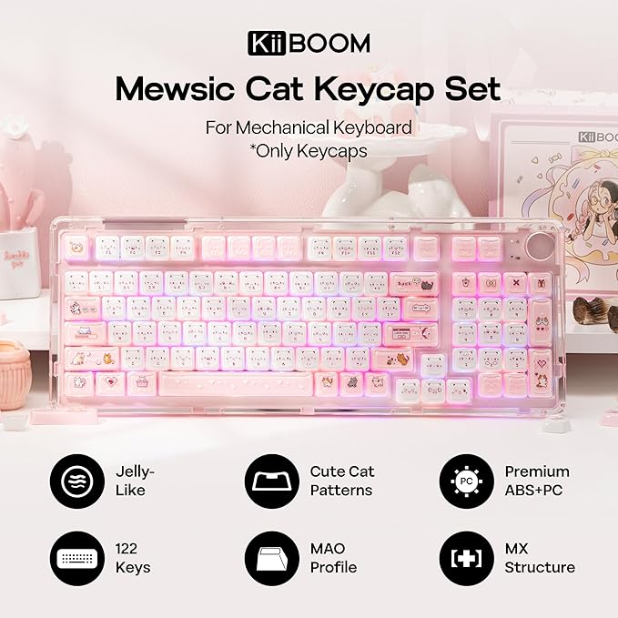 KiiBOOM Cute Cat Keycaps Set, Mao Profile, PBT/PC Keycap for MX Switches Mechanical Keyboard, Compatible with 60%, 65%, 75%, TKL, 96%, Full-Sized Layout (Mewsic)