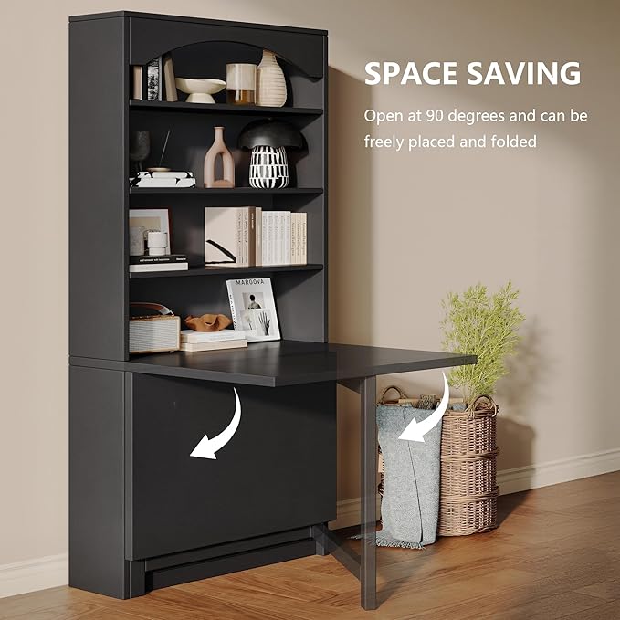 Folding Desk with Storage, Space-Saving Foldable Convertible Writing Table, Wall Mount Fold Out Computer Desk for Home Office, Craft Room, Living Room, Bedroom, Black