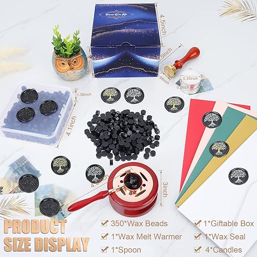 Wax Seal Stamp Kit - 357Pc Set with Wax Beads, Stamp, Warmer, Spoon, Candles for Vintage Envelopes & Letters (Black)