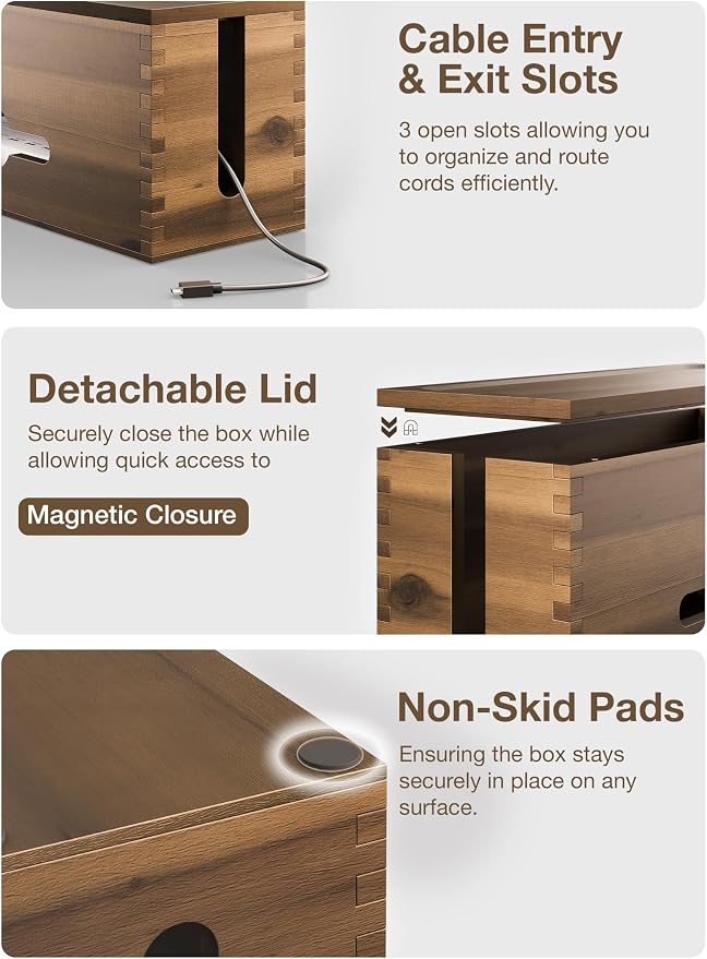 TIDITA Acacia Large Cable Management Box - 15" L Cord Box Hider, Power Strip Box for Office - Cable Hider Box, Surge Protector Box - Wire Box Hider for Desk - 3 Open Slots, Magnetic Lid (Walnut color)