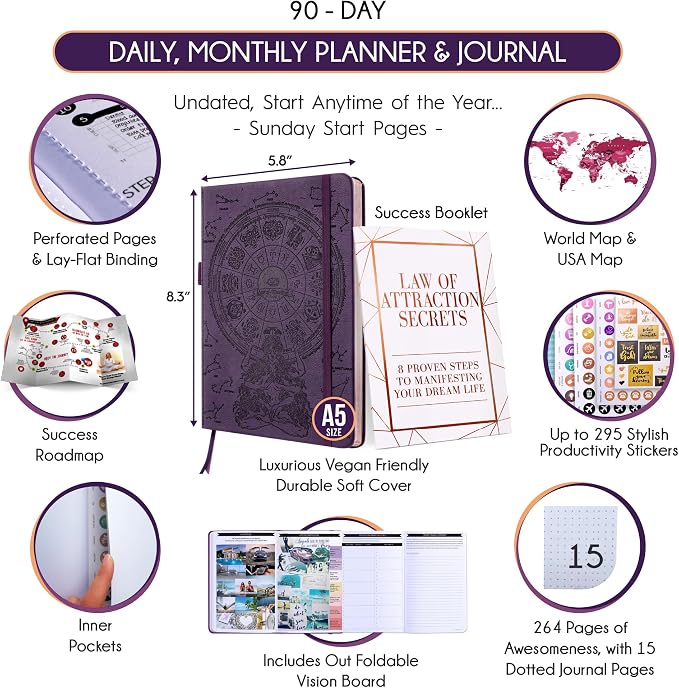 90-Day Goal Planner with Daily Journal, Gratitude & Habit Tracker | Daily Planner, Productivity, Time blocking, Manifestation & Affirmations with Vision Board, Guided Journal for Women & Men