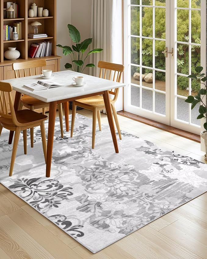 Macgace Washable Abstract Rug, 8x10 Classic Grey and White Floral Area Rugs with Non-Slip Rubber Backed for Living Room, Low Pile Modern Throw Carpet Bedroom Dining Room Decor