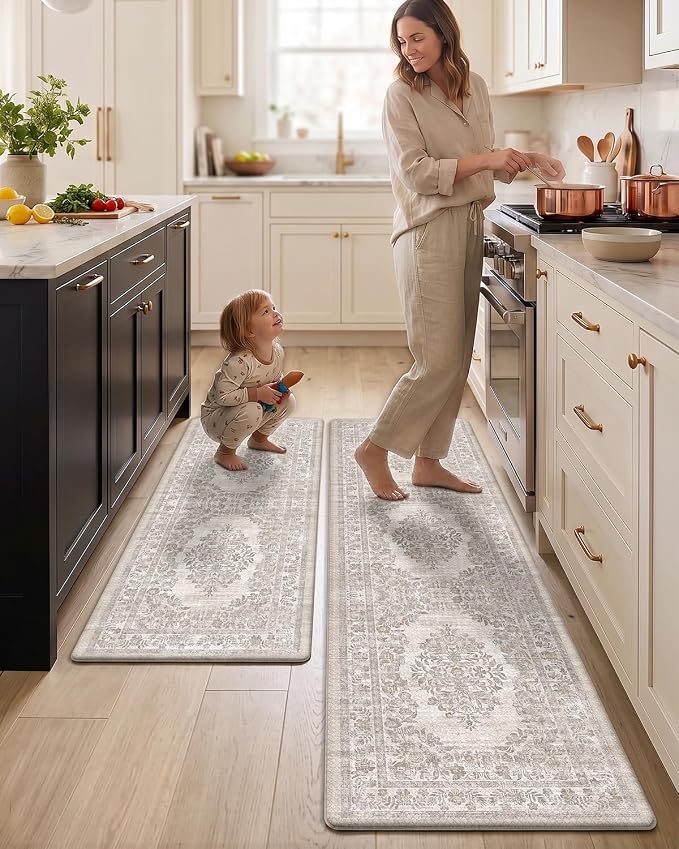 Color&Geometry Kitchen Mat 2PCs-24x59+24x87 Vintage Anti Fatigue, Khaki | 0.4in Cushion Standing Mat For Cooking/Working/Laundry, Boho Decor, Non Slip PVC Kitchen Rug, Oil/Water Proof, Anti Slip