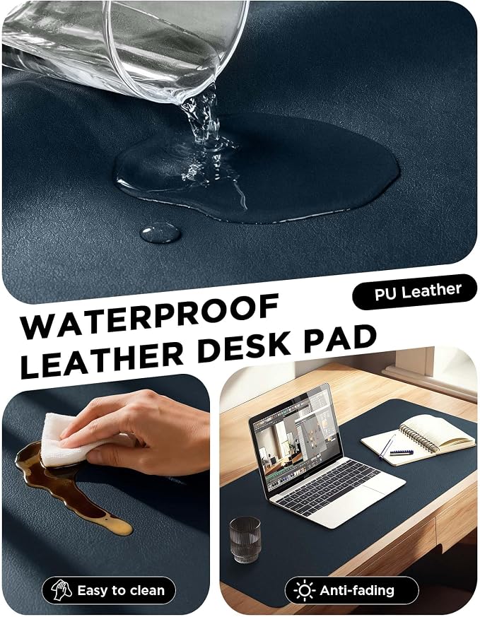 YSAGi 35.4" x 17" Large PU Leather Desk Mat for Keyboard and Mouse - Waterproof Non-Slip Desk Pad Protector for Office, Home, Writing Desk, Dark Blue