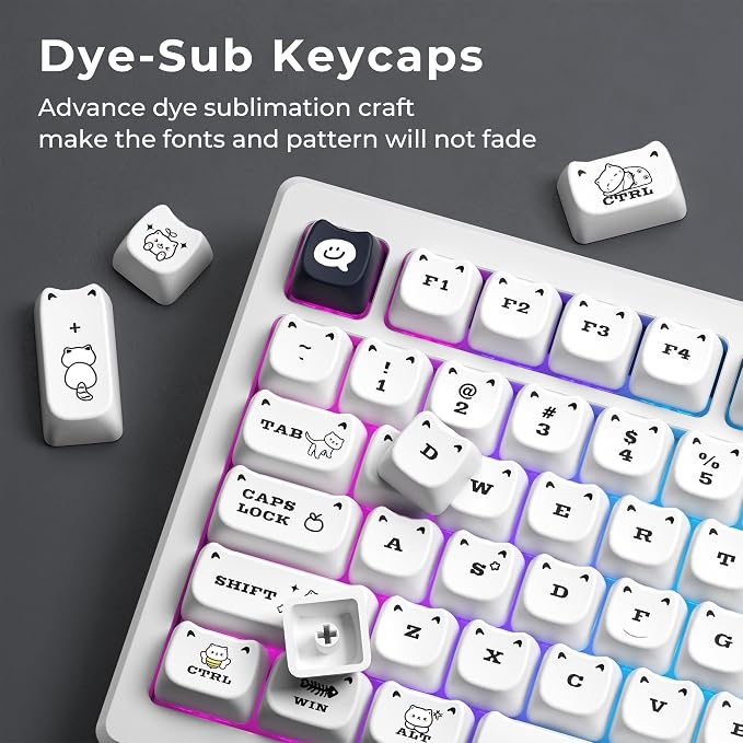 XVX Cute Cat Keycaps, Mao Profile White PBT Keycaps, 143 Keys Meow Meow Keyboard Keycap Sets Compatible with 65% 75% 96% 100% Cherry Gateron MX Switches Mechanical Gaming Keyboard