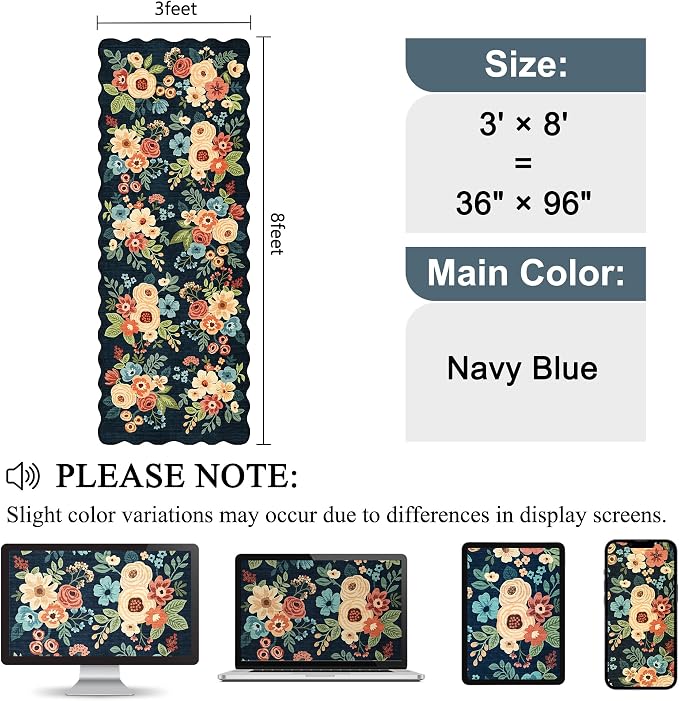 DUKINO 3x8 Washable Runner Rug, Soft Indoor Floral Non Slip Long Runner Rug for Hallways, Lightweight & Low Pile Floor Carpet for Kitchen, Entryway, Hallway, Bathroom, Laundry, Bedroom, Navy Blue