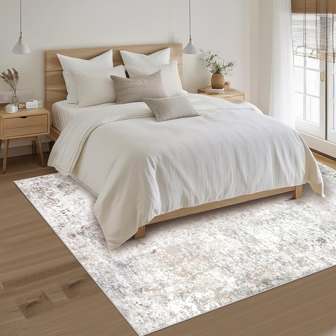 Srugn Washable Rugs 4x6 Area Rugs for Living Room,Bedroom,Kids Room,Nursery- Soft Faux Wool Small Carpets,Non Slip&Non-Shedding Low Pile Vintage Print Rugs for Enterway,Home Office Decor-Beige Grey