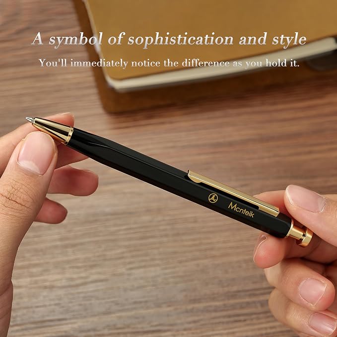 MCNTEIK Black Click Pen With 24K Gold Finish, Fine lacquer work, Exquisite Gel Pen Gift Set for Men & Women, ADMOK Black refill, Office Supplies, Professional, Executive, Nice Retractable Pen