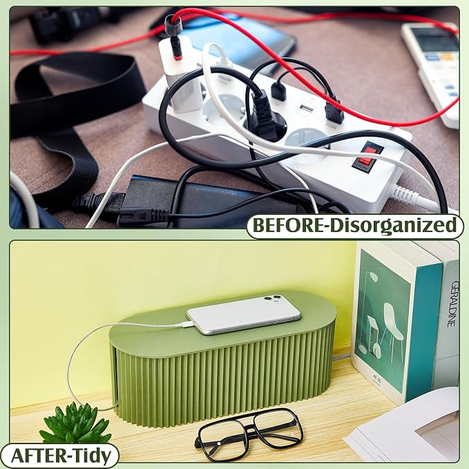 2 Pcs Cable Management Box, Fits Most Power Sockets, 11.8x5.1x4.3 in | Hides Cords & Power Sockets, Bamboo Lid, Beige & Black Options, Includes 48 Accessories, Home Office Desk or Floor Use