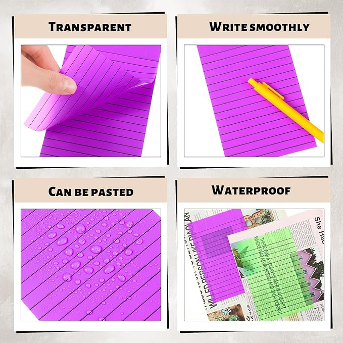 Yinder 6 Pack 180 Sheets Pastel Transparent Sticky Notes Translucent Clear Lined Self-Stick Note, Back to School Gifts for Bible Tabs, Book Tabs, School Supplies, Office, 4 x 6'' (Bright Color)