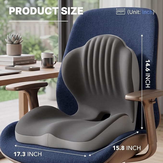 Ergonomic Seat Cushion with Lumbar Support (Grey) | Office Chair Seat Cushion, Memory Foam Orthopedic Cushion with Tailbone Hollow, Sciatica & Back Pain Relief for Long Sitting
