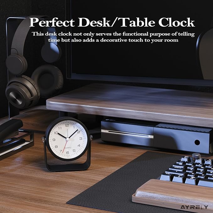 AYRELY® 3.5" Small Analog Travel Alarm Clock, Battery Operated Desk Clock | Cute Table Clock with Light, Adjustable Angle, Bedside, Bedrooms, Kids' Rooms and Living Room Decor (Black)