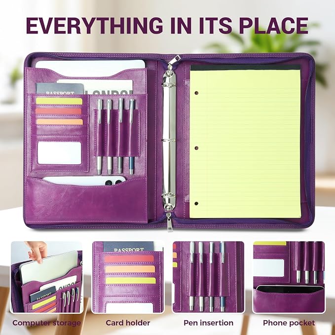 Faux Leather Zippered Padfolio with 3 Ring Binder, Executive Portfolio Organizer Binder for Women, Fits 13.9" Laptop/Tablet, Refillable Writing Pad Pocket, Purple