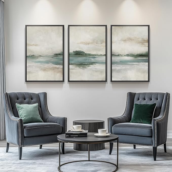 Large Framed Abstract Landscape Wall Art, 3 Piece Canvas Prints Paintings Artwork for Walls, Soft Blue and Green Nature Lake Pictures for Living Room Dining Bedroom Home Office Wall Decor 20x30 In
