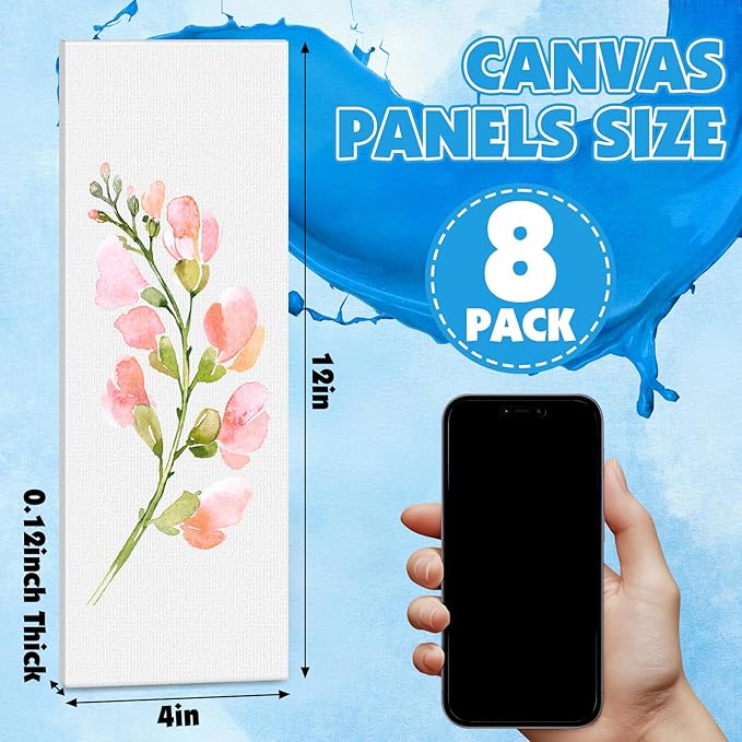 ESRICH Long Canvas for Painting, 8 Pack 4x12 Canvas Boards for Painting Cotton Primed Acid Free Blank Canvas Panels for Oil Paint, Watercolor, Acrylic Paint, Gouache and Tempera.