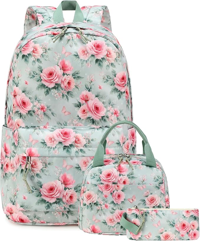 Bluboon Teens Backpack Set Girls School Backpack Lunch Box Pencil Bags Student Bookbags 3 in 1 (Pink Bow Rose)