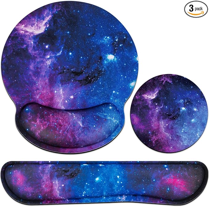 Desk Pad Galaxy, Mouse Pad with Wrist Rest Set, 3-in-1 Wrist Support Mousepad Set, Gaming Mat Pad with Anti-Skid Base,Ergonomic Memory Foam Keyboard Gel Wrist Rest, Office Desk Accessories