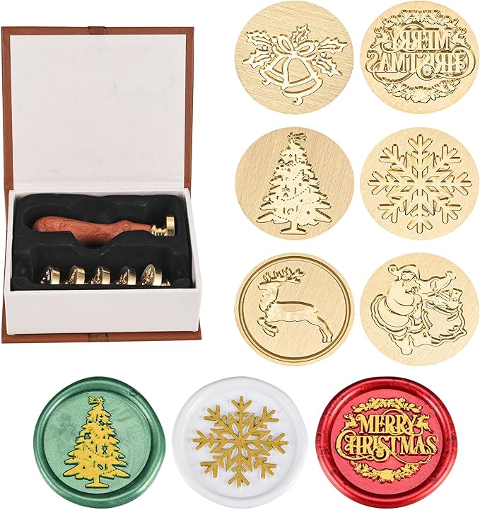Yoption 6 Pcs Wax Seal Stamp Set, Vintage Christmas Sealing Wax Stamps Kit, Wooden Handle with Brass Head for Christmas Invitation Gift Cards