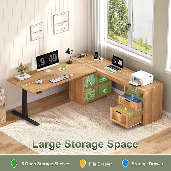 YOMILUVE 66 inch Fluted L Shaped Standing Desk with Storage for Home Office | Corner Electric Standing Desk with Drawers ＆ Storage Shelves, Height Adjustable Computer Desk with Power Outlets, Oak