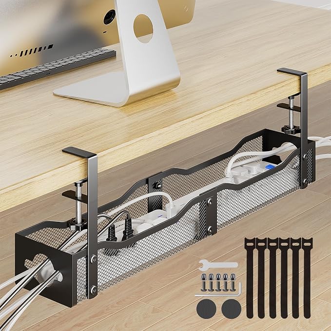 DELAMU 25'' Upgraded No Drilling Under Desk Cable Management Tray, Black | Under Desk Cable Management, Extra-Long, No Tools Required Installation, Height-adjustable, Home Office Gaming Accessories