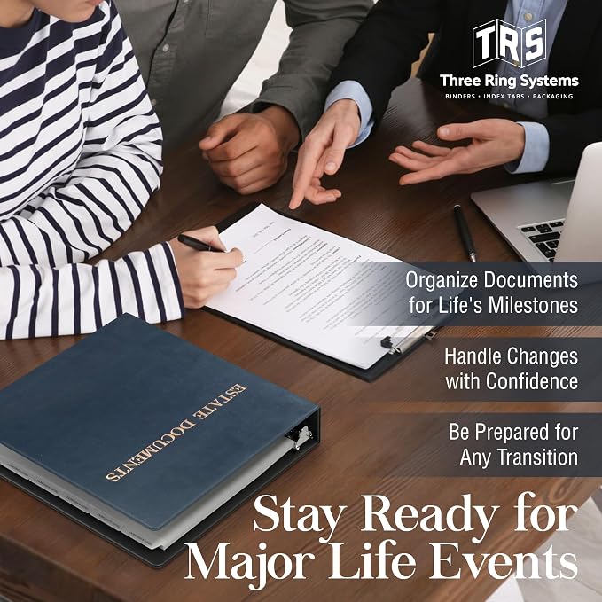 TRS Estate Planning Binder Kit – Pre-Labeled Tabs, Sheet Protectors | 1.5" D-Ring Faux Leather Organizer for Wills, Trusts, Power of Attorney & End-of-Life Planning | Navy with Bronze