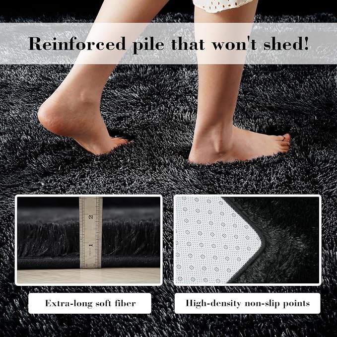 Soft Runner Rugs for Bedroom, Black 2x6 Area Rugs Fluffy Rug Shag Area Rug Carpet, Bedside Rug for Living Room Bedroom Room Home Decor