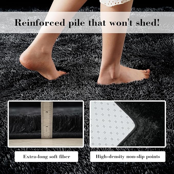 yongyangjuxin Fluffy Rug Shag Area Rug, Black 9x12 Area Rugs for Living Room, Large Shag Area Rugs for Bedroom Room Home Decor, Upgrade Anti-Skid Rectangular Fuzzy Rugs