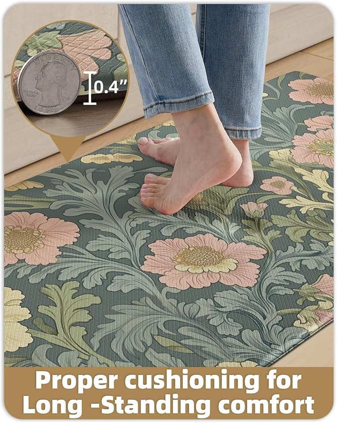 Color&Geometry Natural Floral Kitchen Floor Mat 24x87 Anti Fatigue, Green | 0.4in Thick Cushioned Standing Mat For Cooking/Working/Laundry, Flower Home Decor, Non Slip PVC Kitchen Rug, Oil/Water Proof