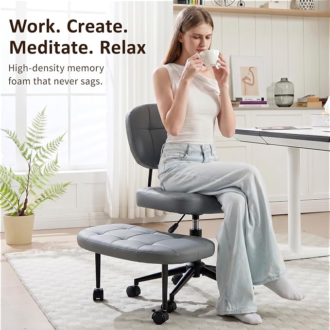 Criss Cross Chair Armless Office Chair for Cross Legged Sitting, 300lb Heavy Duty Ergonomic Desk Chair for ADHD, Adjustable Meditation Yoga Kneeling Chair with Brake Wheels for Home Office (Grey)