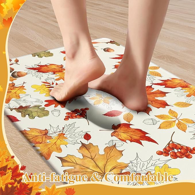 SHACOS Fall Anti Fatigue Kitchen Mats Orange Maple & Acorn 17x27.5+17x47 | Autumn Harvest Cushioned Kitchen Rugs Set of 2 Beige Non Slip Kitchen Floor Mat Ergonomic Standing Mats