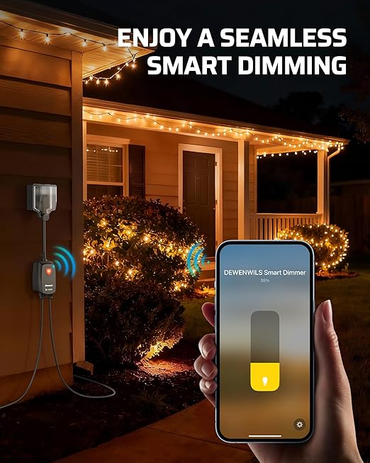 DEWENWILS Wi-Fi Matter Smart Dimmer Plug, Remote Control, 2 Grounded Outlets, Work with Alexa/Google Home, Support 200W Dimmable LED/400W Tungsten Bulbs, Outdoor Dimmer for String Lights, 2.4GHz Only