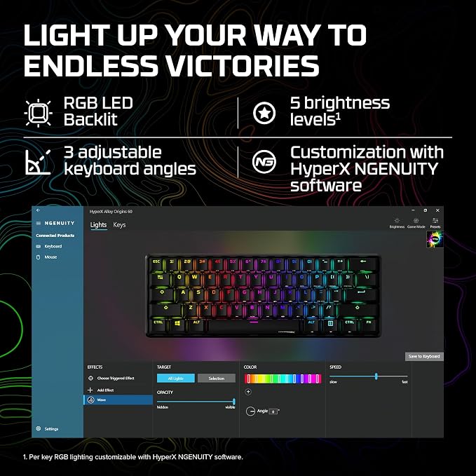 HyperX Alloy Origins 60 - Mechanical Gaming Keyboard - Ultra Compact 60% Form Factor - Tactile Aqua Switch - Double Shot PBT Keycaps - RGB LED Backlit - NGENUITY Software Compatible,Black