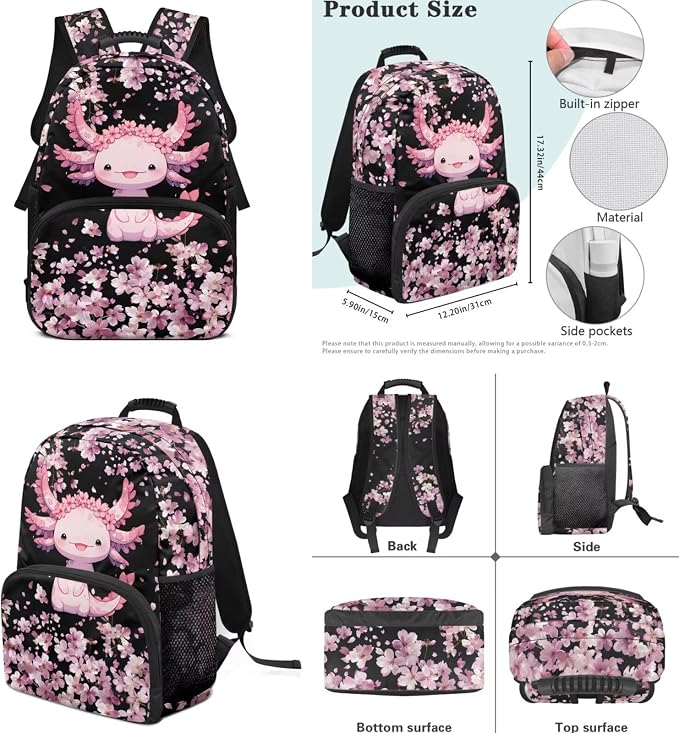 ZFRXIGN Cherry Blossom Axolotl Kids Backpack for Girls Bookbag with Cute Pendant 17inch Elementary School Bag and Insulated Lunch Box Portable Pencil Case Black