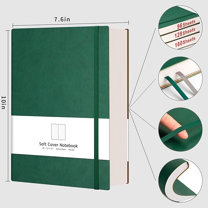 AHGXG Dotted Journal - 320 Pages Dot Grid Notebook B5 Large Journal, 100gsm Thick Dotted Paper, Leather Softcover, with Journal Stencils, Inner Pocket, 7.6'' X 10'', Dark Green